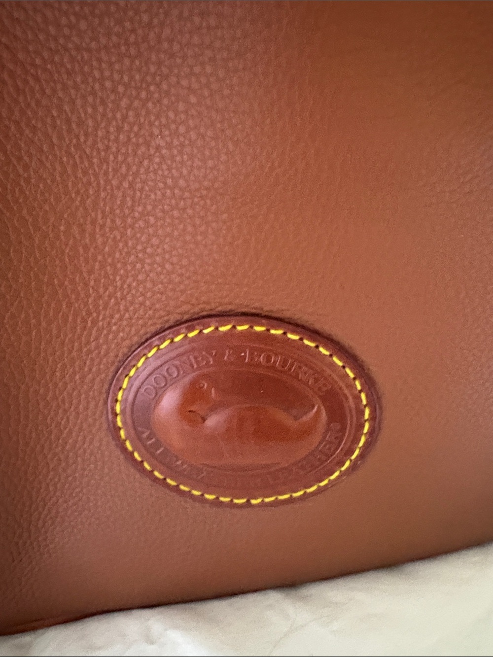 Dooney & Bourke Brown Leather Drawstring Bucket Bag with Yellow Stitching - Picture 2 of 7